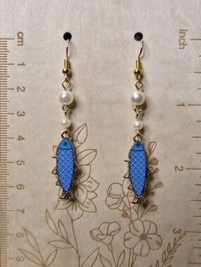 Blue Fish Faux Pearl Dangle Earrings